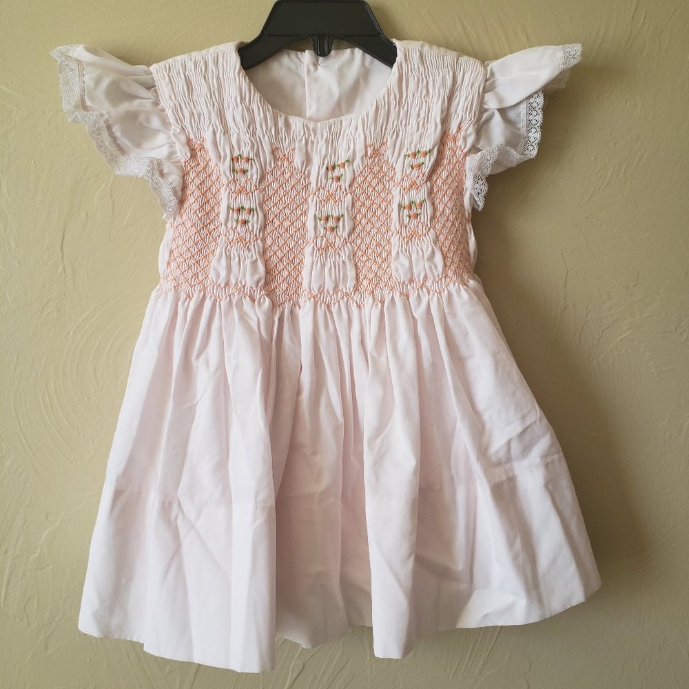 Vintage Smocked Pink Dress with Flutter Sleeves and Embroidered Flowers, Size 2T